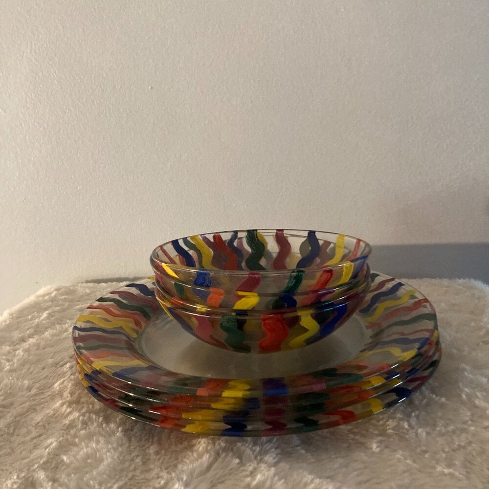 Corningware Multicolor Stripe Dinner Plates (4) + Soup/Salad Bowls (4)